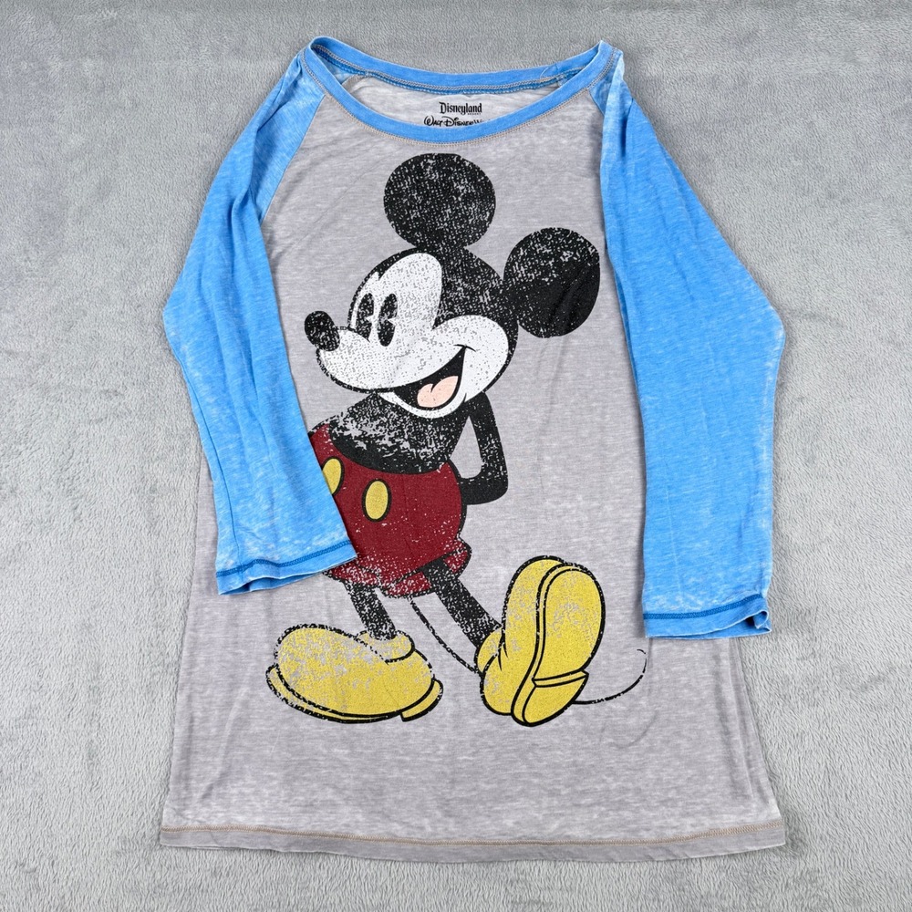 Disney Mickey Mouse Raglan 3/4 Sleeve Grey Blue Graphic Tee Large